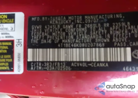 2008 Toyota Camry Le из США, поврежденный, VIN 4T1BE46K08U207868